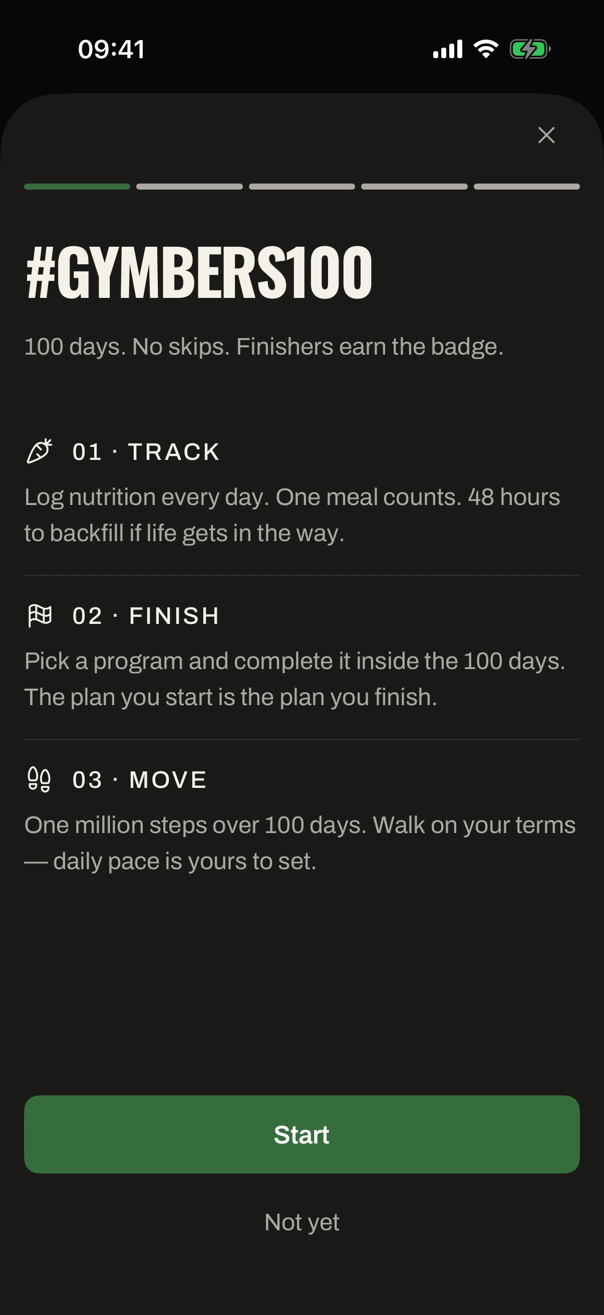 The #Gymbers100 screen in the Gymbers app: 100 days and the three rules Track, Finish and Move, with the buttons Start and Not yet.