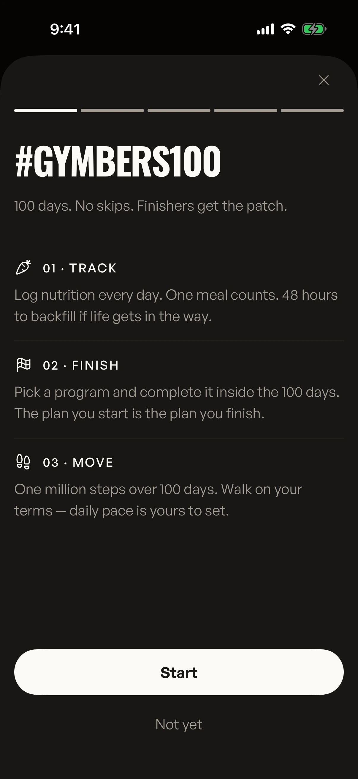 The #Gymbers100 screen in the Gymbers app: 100 days, no skips, finishers get the patch, followed by the three rules Track, Finish and Move.