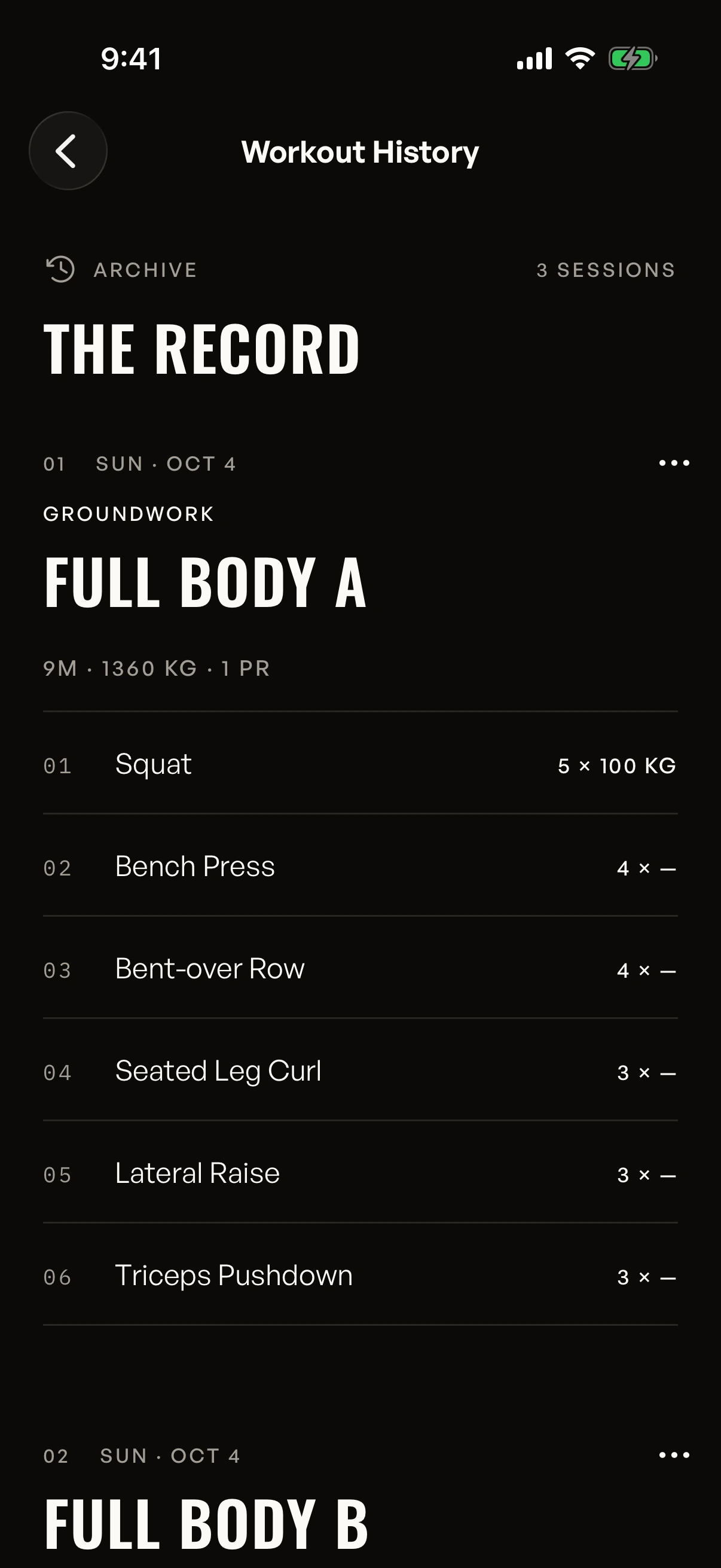 The Gymbers workout history with each session's exercises and sets.