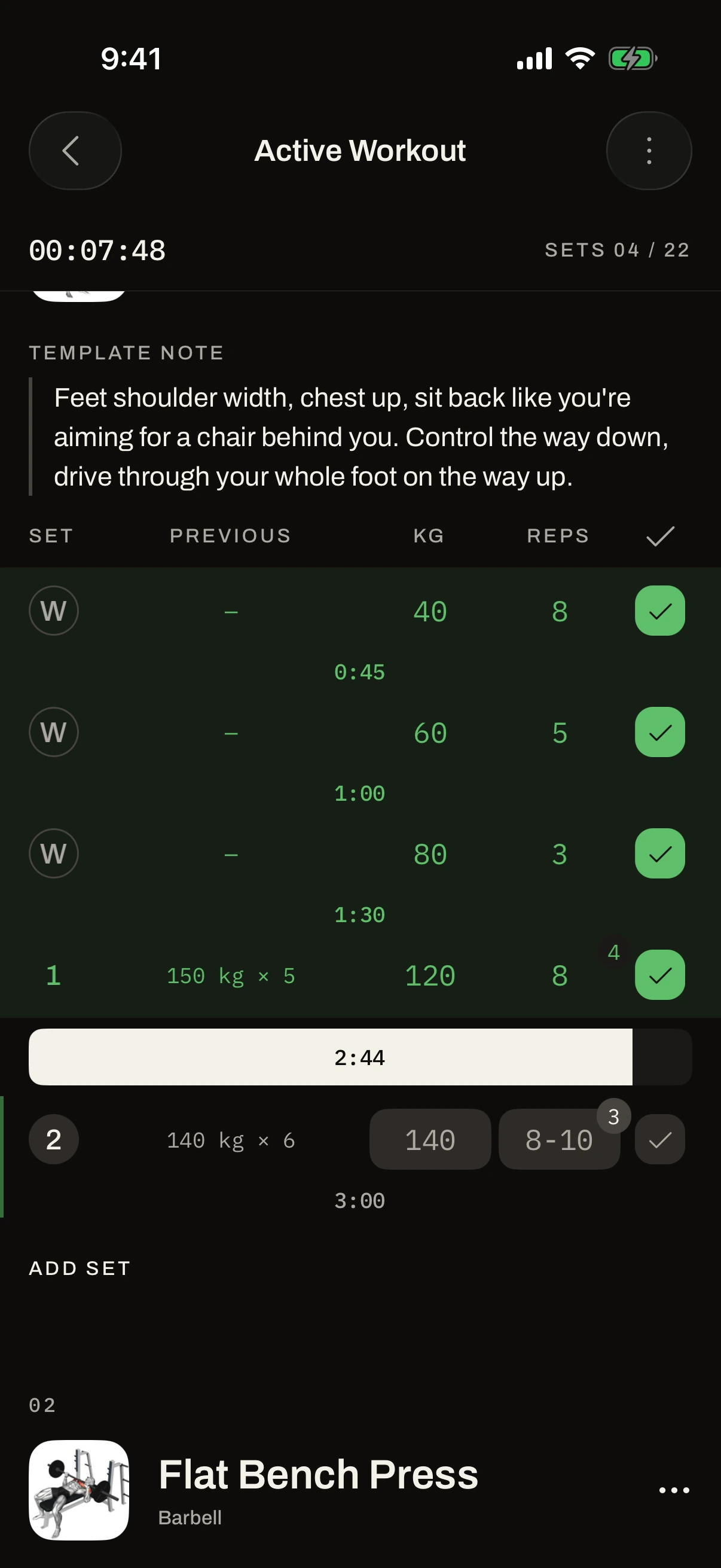 An active workout in the Gymbers app with logged sets and the rest timer running.