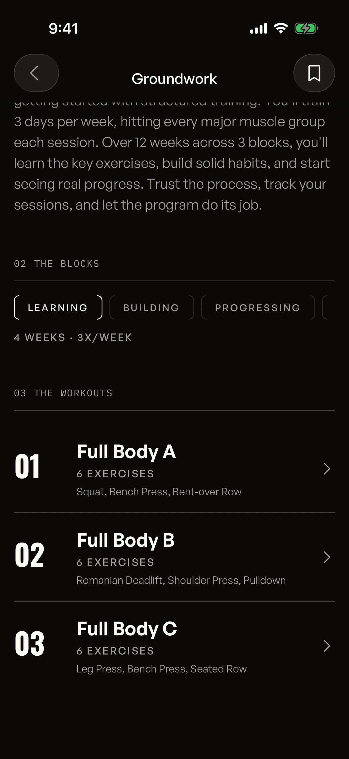 The Groundwork program in Gymbers: its blocks, the weeks and sessions per week, and the three workouts of the first block.
