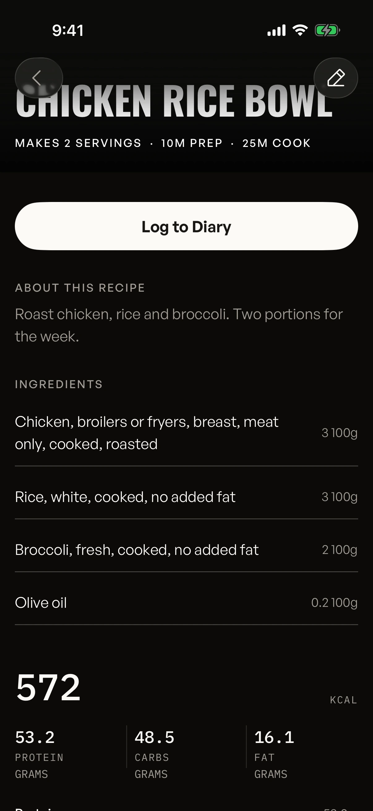 A chicken rice bowl recipe in Gymbers with its ingredients, calories and macros per serving.