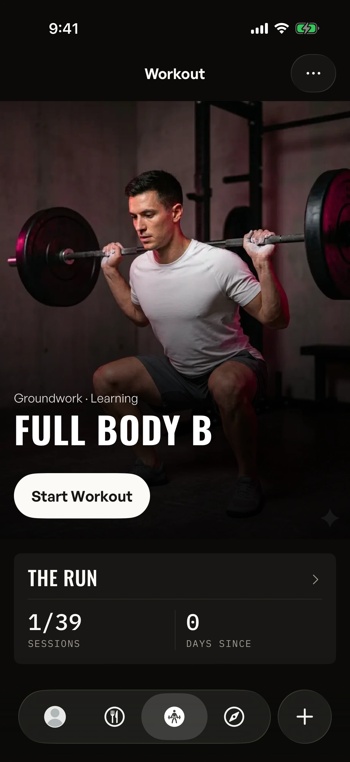 The Workout tab in the Gymbers app: the active program and this week's sessions, the next workout ready to start.
