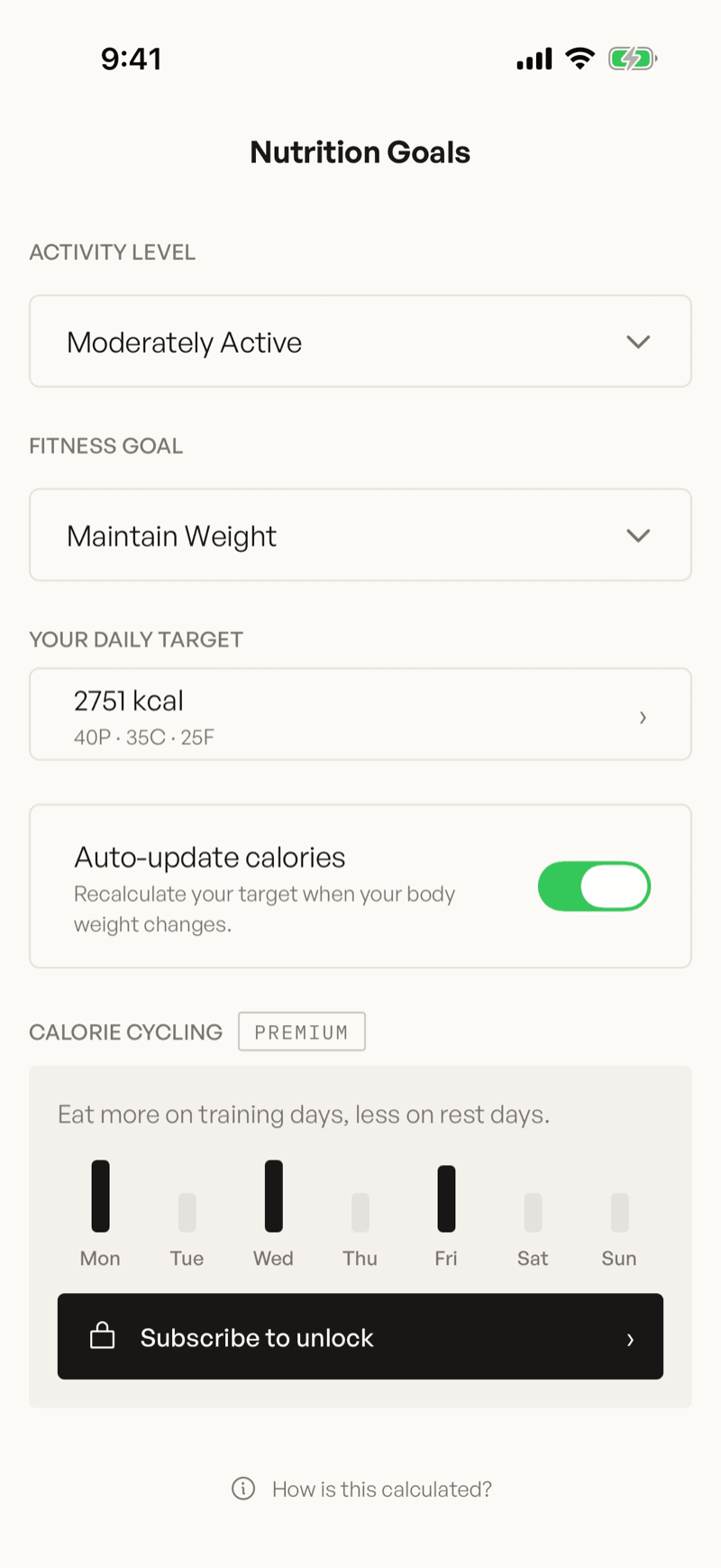The Nutrition Goals screen with activity level and fitness goal dropdowns, a daily target row, and an auto-update toggle