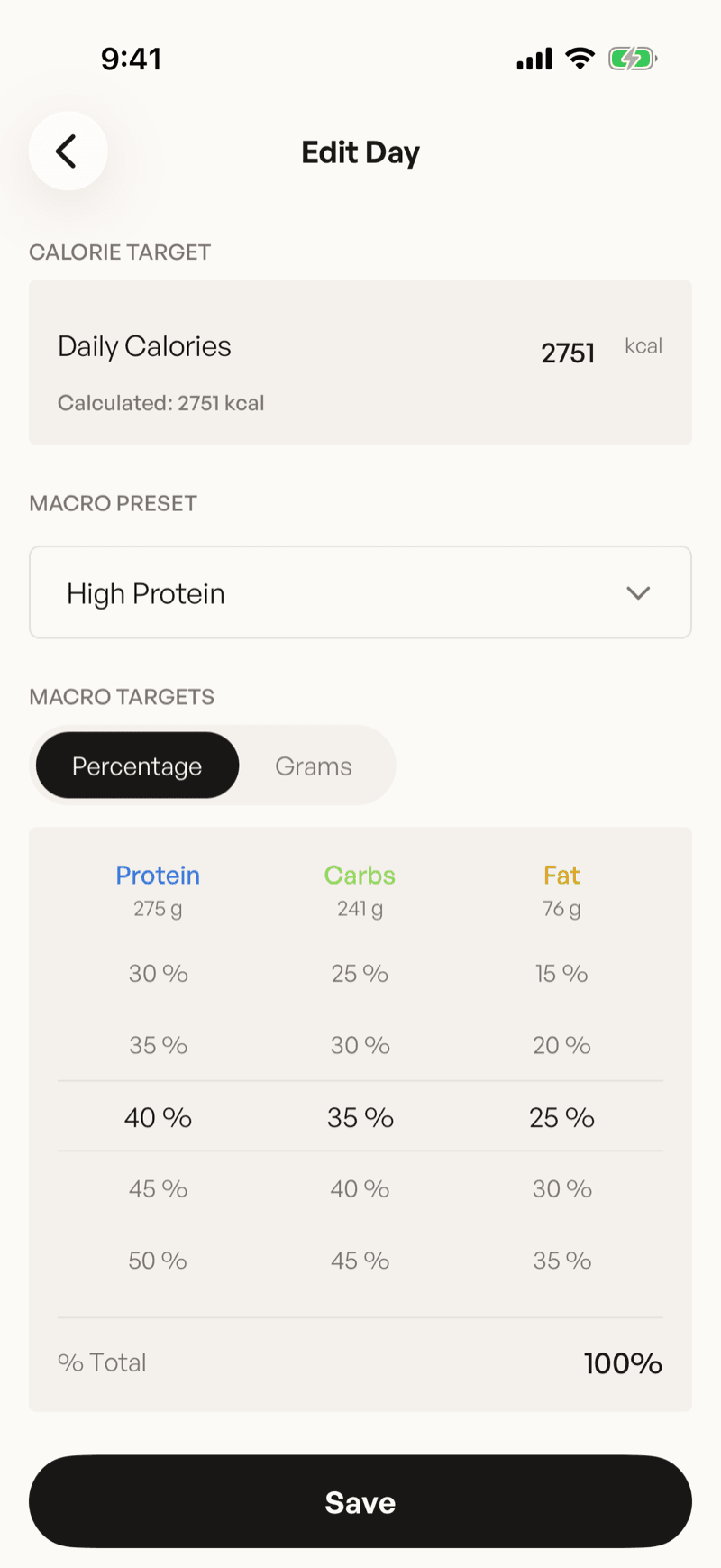 The Edit Day screen with a Daily Calories field, a macro preset dropdown, and protein, carb and fat percentage wheels