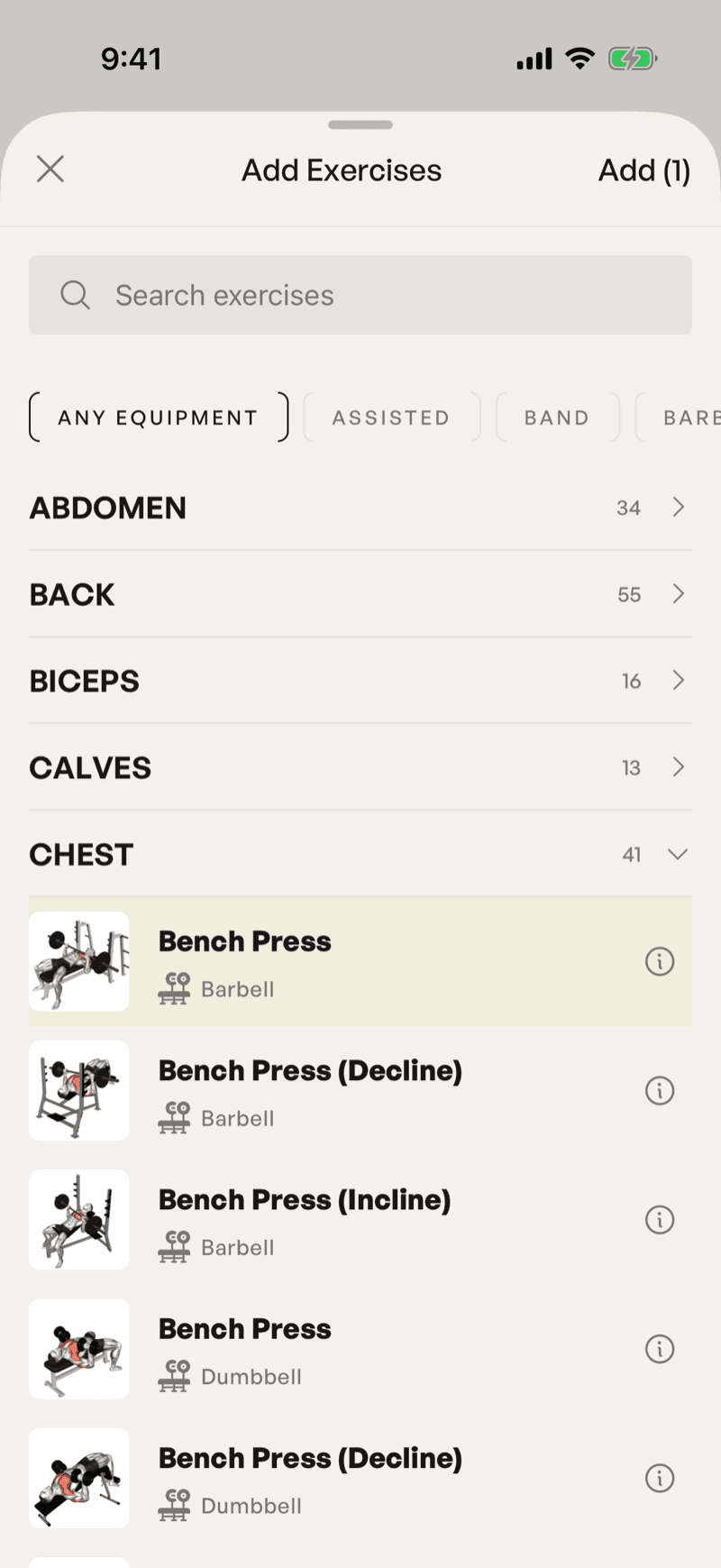 The Add Exercises sheet with a search field, equipment filters, and the Chest group open with Bench Press selected