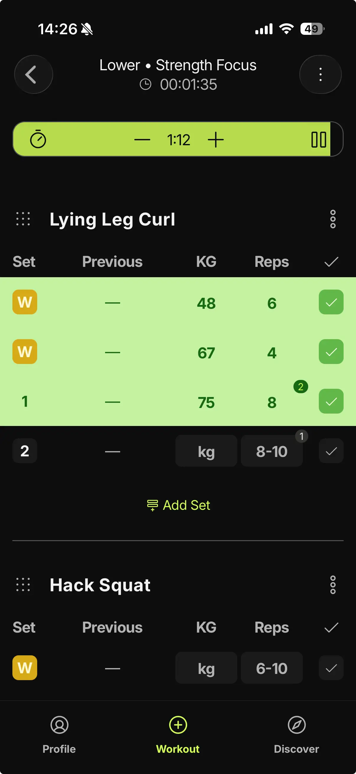 Gymbers workout tracking screen